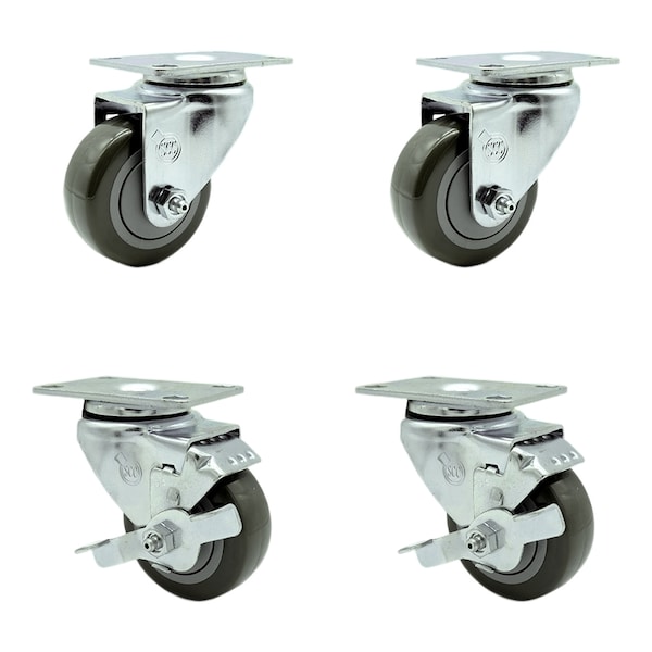 3.5 Inch Gray Polyurethane Wheel Swivel Top Plate Caster Set with 2 Brakes SCC